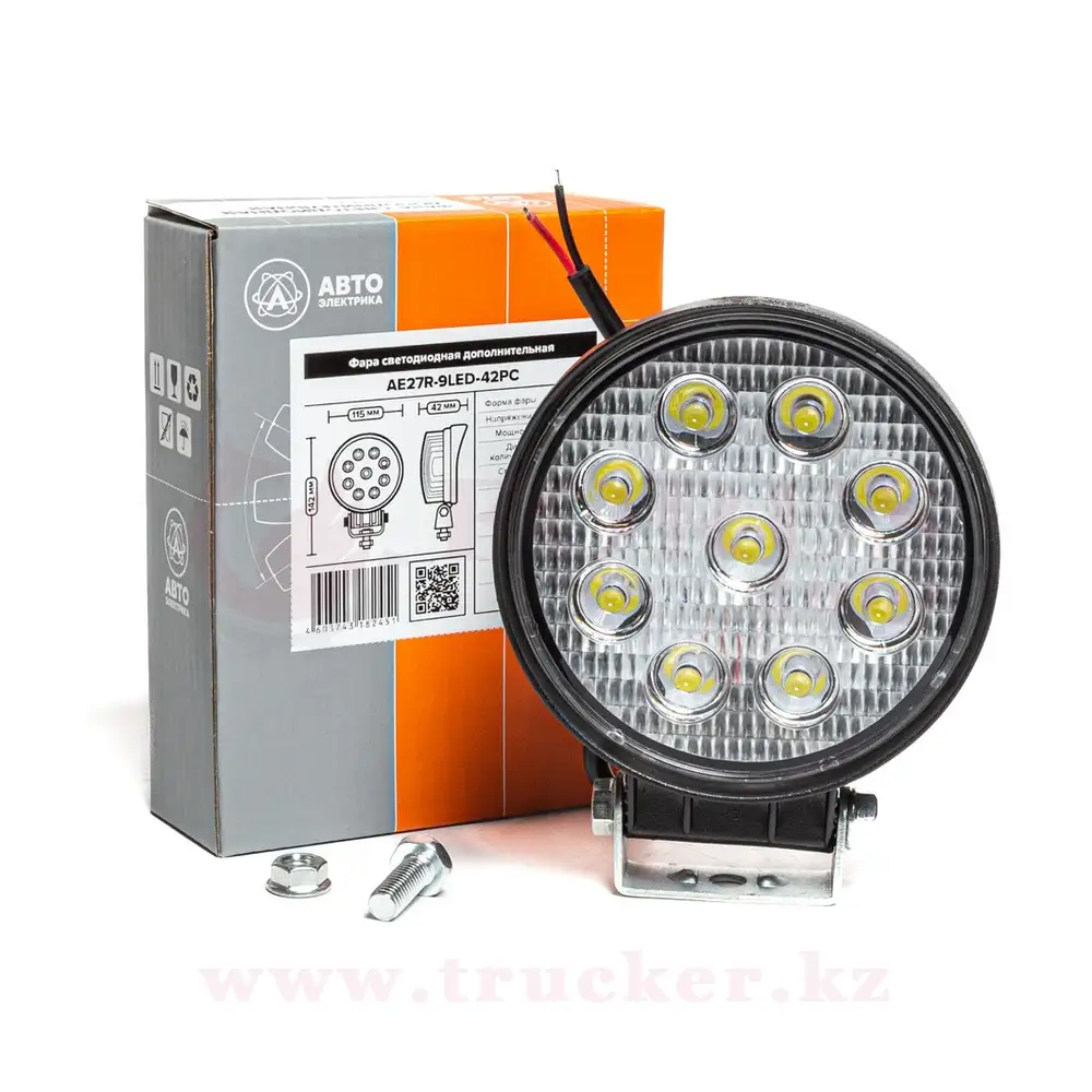 ae27r-9led-42pc (01) Фара светодиодная дополнительная, круглая 115х42х142, рассеянный свет, 9LED 27W, 10-30В — изображение 1