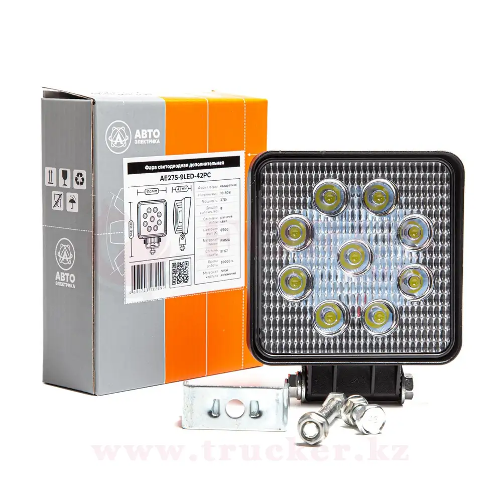 ae27s-9led-42pc (01) Фара светодиодная дополнительная, квадратная 110х42х140, рассеянный свет, 9LED 27W, 10-30В — изображение 1